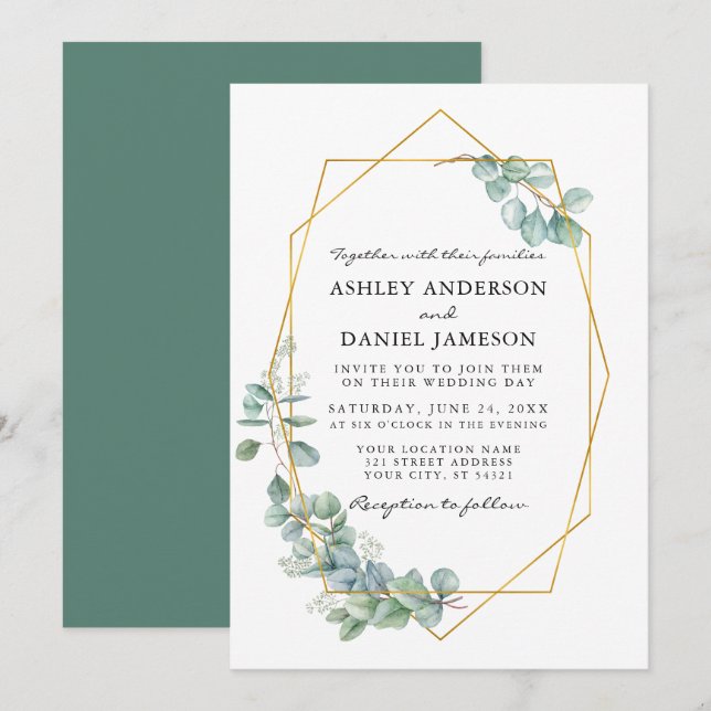 Eukalyptus Greenerity Gold Frame Wedding Einladung (Vorne/Hinten)