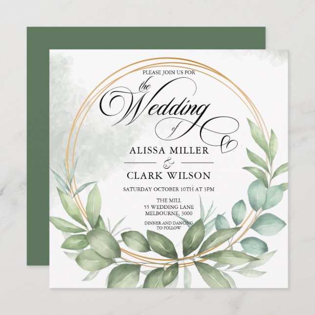 Eukalyptus Greenerity Gold Frame Wedding Einladung (Vorne/Hinten)