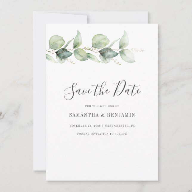 Eukalyptus Greenerity Script Wedding Save The Date (Vorderseite)