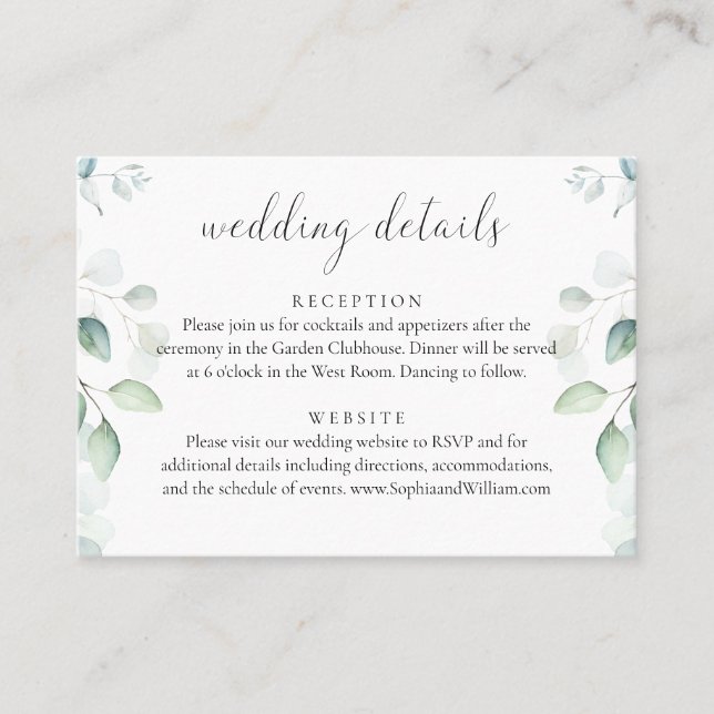 Eukalyptus Greenerity Wedding Details Card Visitenkarte (Vorderseite)