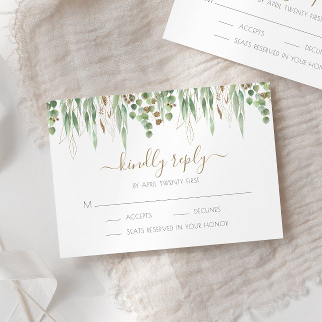 Eukalyptus Greenerity Wedding Gold Glitzer RSVP Karte (Von Creator hochgeladen)