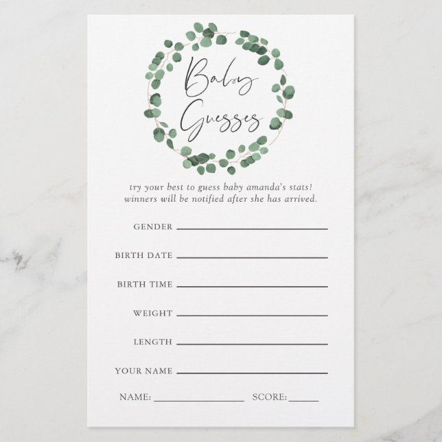 Eukalyptus Greenery Baby Shower Game (Vorderseite)