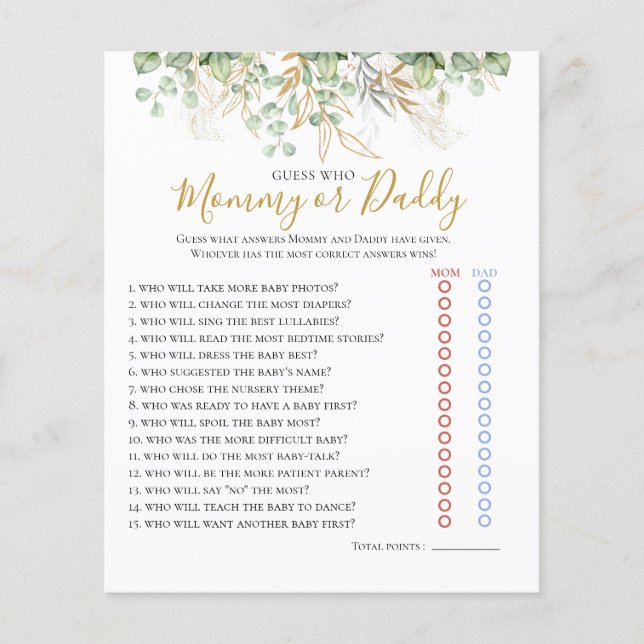 Eukalyptus Greenery Baby Shower Game (Vorderseite)