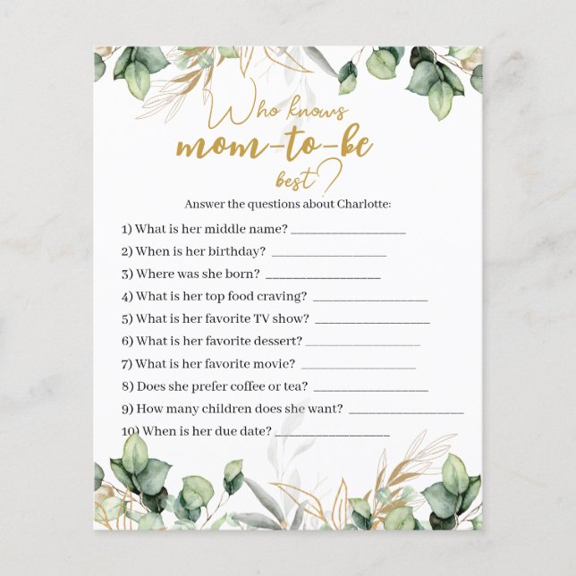 Eukalyptus Greenery Baby Shower Game Card (Vorderseite)