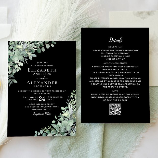 Eukalyptus Greenery Black All in one Wedding Einladung (Von Creator hochgeladen)