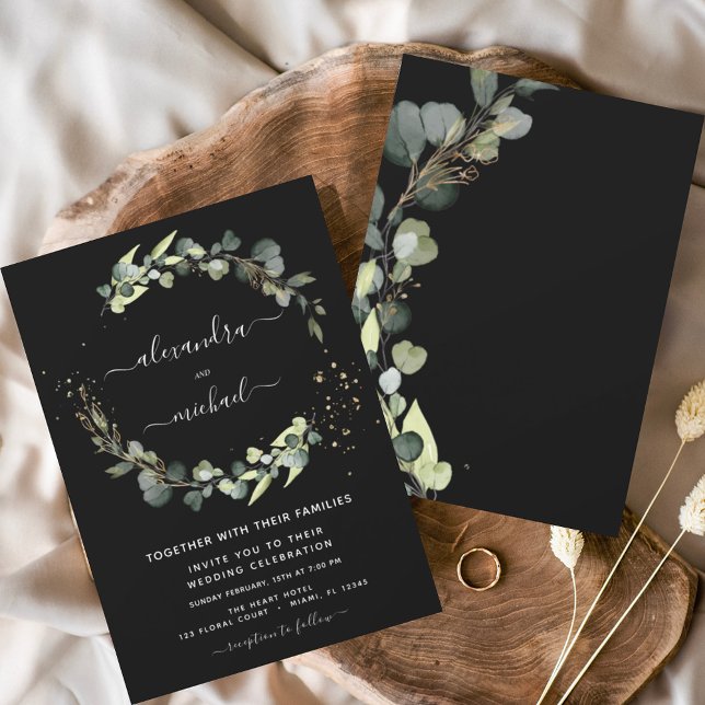 Eukalyptus Greenery Black Elegant Wedding Einladung (Von Creator hochgeladen)