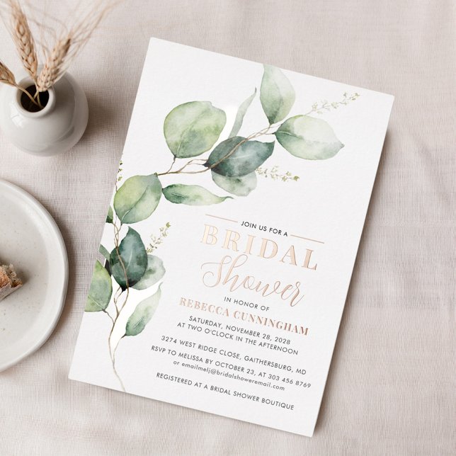 Eukalyptus Greenery Blätter Brautparty Silver Folieneinladung (Eucalyptus Greenery Script Rose Gold Bridal Shower Invitation)