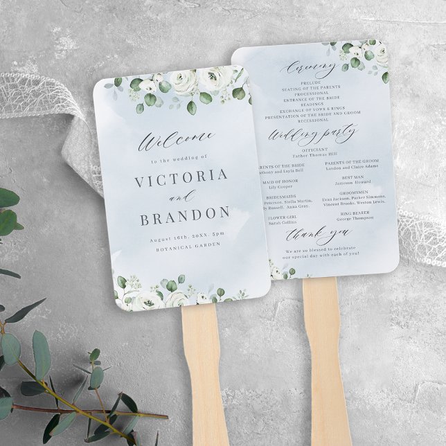 Eukalyptus Greenery Blumenzwiebeln Rustikale Hochz Fächer (Eucalyptus Greenery floral dusty  blue rustic wedding programs Hand Fan)