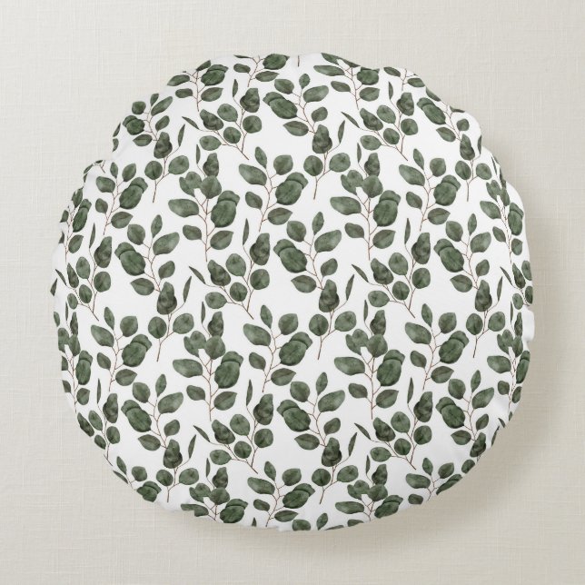 Eukalyptus Greenery Botanical Green White Trendy Rundes Kissen (Vorderseite)