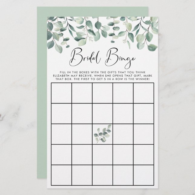 Eukalyptus Greenery Bridal Bingo Duschspiel (Vorne/Hinten)