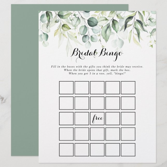 Eukalyptus Greenery Bridal Bingo Game (Vorne/Hinten)