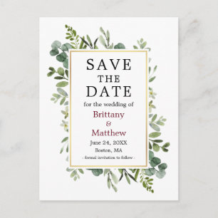 Eukalyptus Greenery Burgundy Save the Date Postkarte