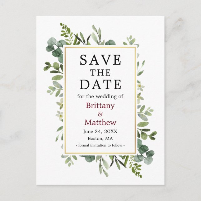 Eukalyptus Greenery Burgundy Save the Date Postkarte (Vorderseite)
