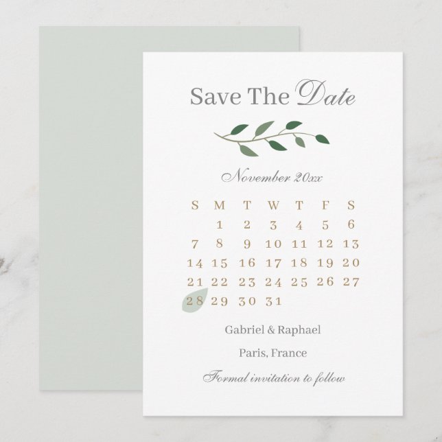Eukalyptus Greenery Calendar Save the Date Hochzei Einladung (Vorne/Hinten)