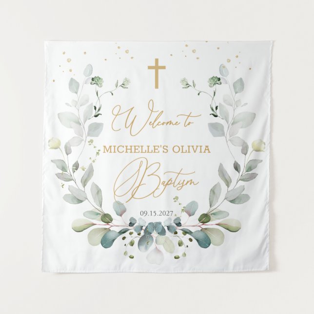 Eukalyptus Greenery Cross Baby Baptism Tapestry Wandteppich (Vorderseite)