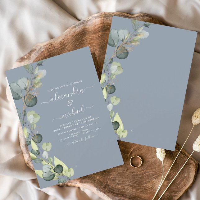 Eukalyptus Greenery Dusty Blue Elegant Wedding Einladung (Von Creator hochgeladen)