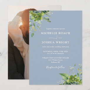 Eukalyptus Greenery Dusty Blue Foto Wedding Einladung