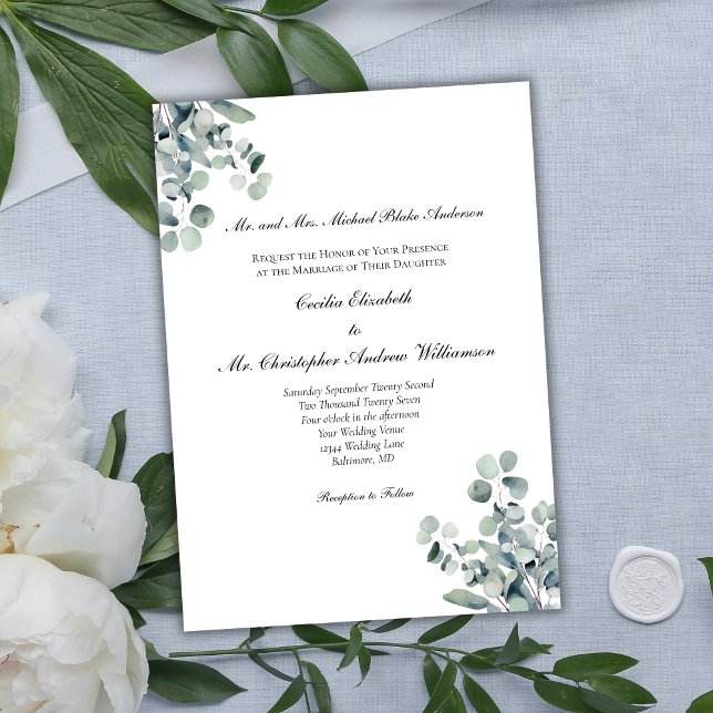 Eukalyptus Greenery Elegant Formal Wording Wedding Einladung (Eucalyptus Greenery Botanical Formal Traditional Wording Wedding Invitation)