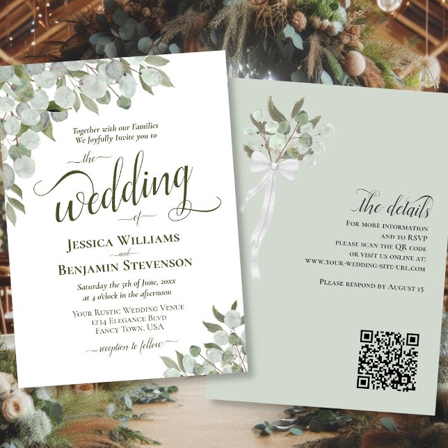 Eukalyptus & Greenery Elegant QR Code Wedding Einladung (Front/Back)