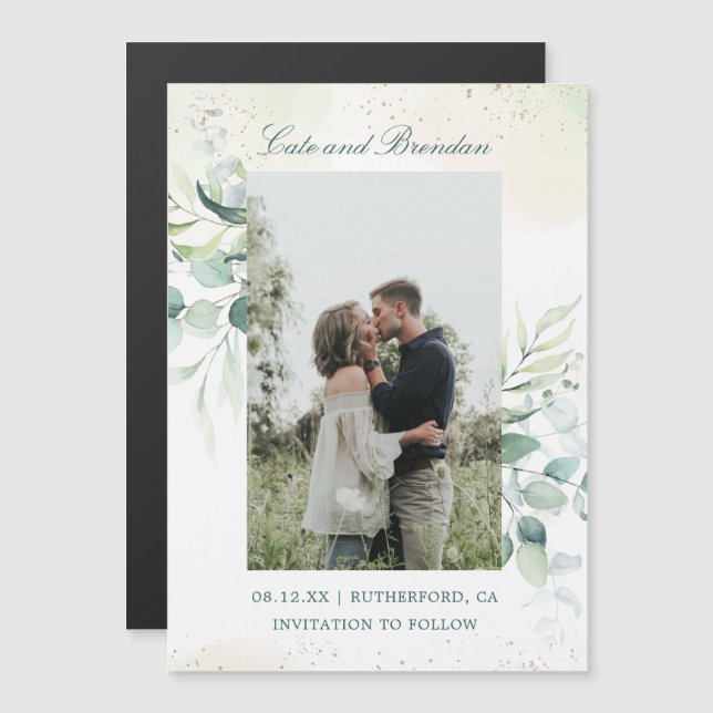Eukalyptus Greenery Elegantes Foto Save the Date Magneteinladung (Vorne/Hinten)