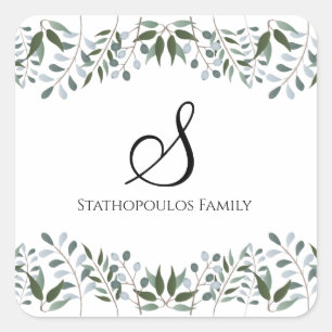 Eukalyptus Greenery Floral Familienname Quadratischer Aufkleber