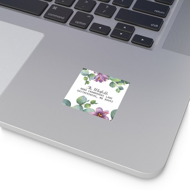 Eukalyptus Greenery Floral Return Address Label Quadratischer Aufkleber (Moving Announcement Return Address Botanical Eucalyptus Sage Green Purple Sticker)