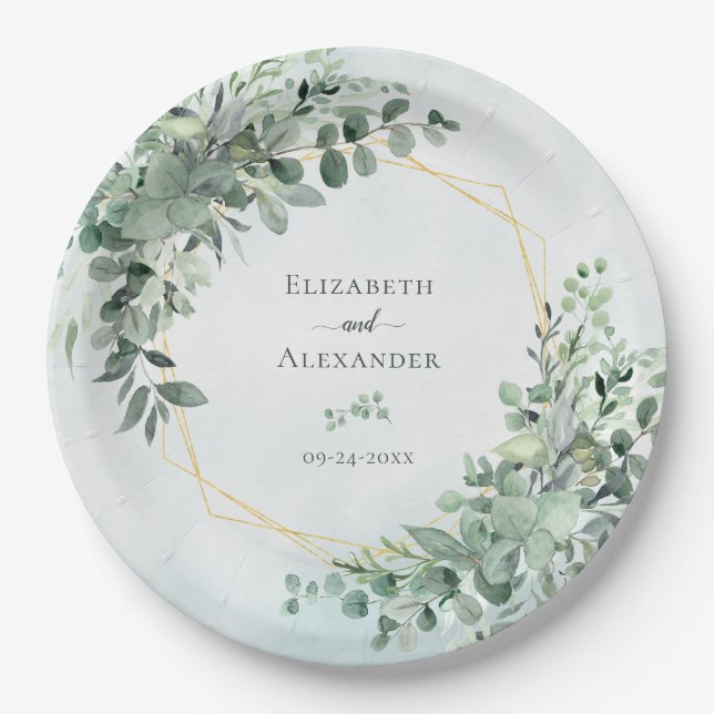 Eukalyptus Greenery Geometric Elegant Wedding Pappteller (Vorderseite)