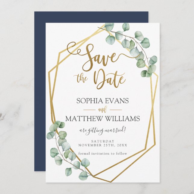 Eukalyptus Greenery Geometric Gold Save the Date Einladung (Vorne/Hinten)