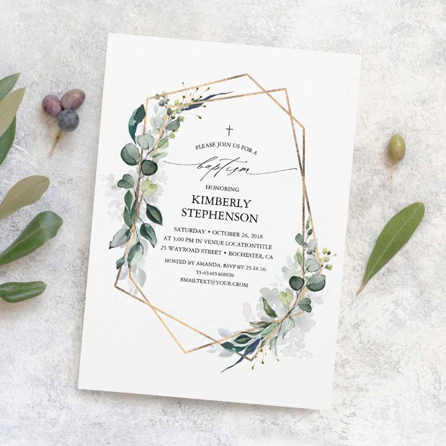 Eukalyptus Greenery Geometric Modern Baptisk Einladung (Eucalyptus Greenery Baptism Invitations)