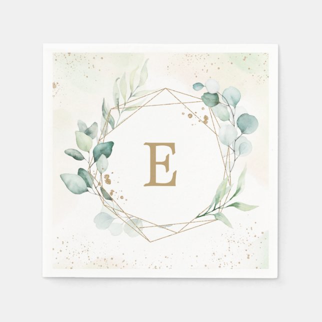 Eukalyptus Greenery Geometric Monogram Wedding Serviette (Vorderseite)