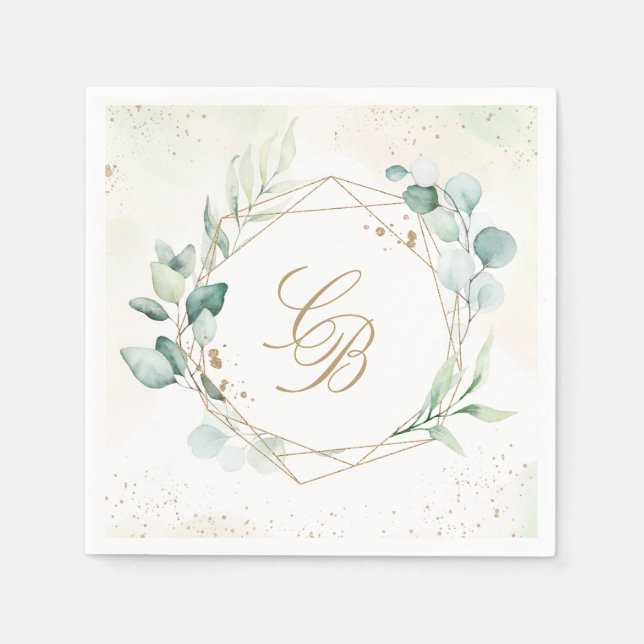 Eukalyptus Greenery Geometric Monogram Wedding Serviette (Vorderseite)