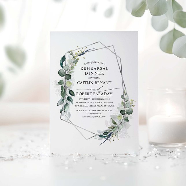 Eukalyptus Greenery Geometric Probe Abendessen Einladung (Silver Greenery Rehearsal Dinner Invitations)