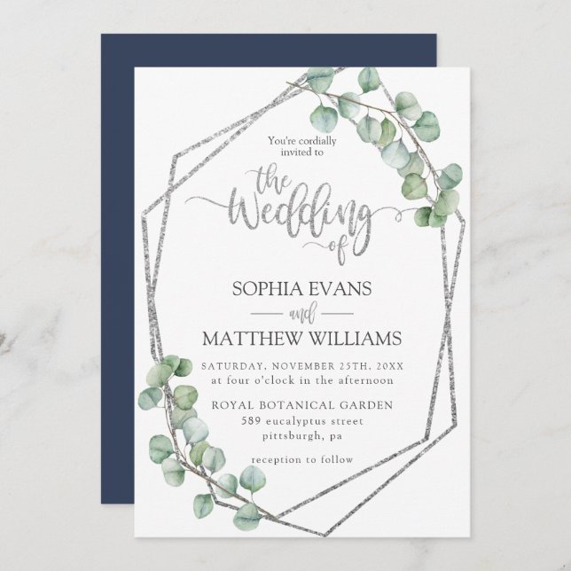 Eukalyptus Greenery Geometric Silver Frame Wedding Einladung (Vorne/Hinten)
