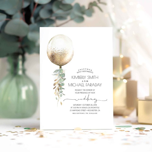 Eukalyptus Greenery Gold Ballon Elegante Hochzeit Einladung (Greenery Balloon Minimalist Wedding Invitations)