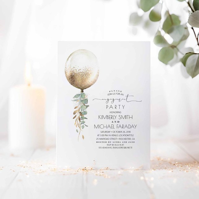 Eukalyptus Greenery Gold Ballon Engagement Party Einladung (Gold Balloon and Greenery Engagement Party Invitations)