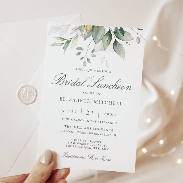 Eukalyptus Greenery Gold Blätter Bridal Luncheon Einladung (Von Creator hochgeladen)