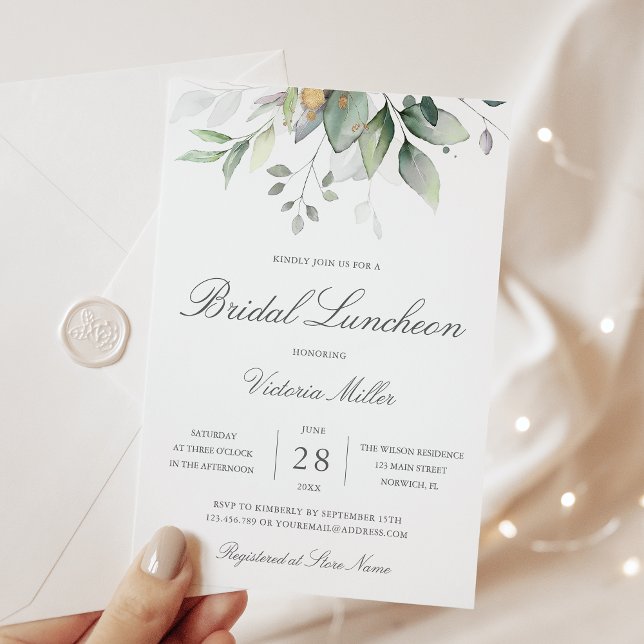 Eukalyptus Greenery Gold Blätter Bridal Luncheon Einladung (Von Creator hochgeladen)