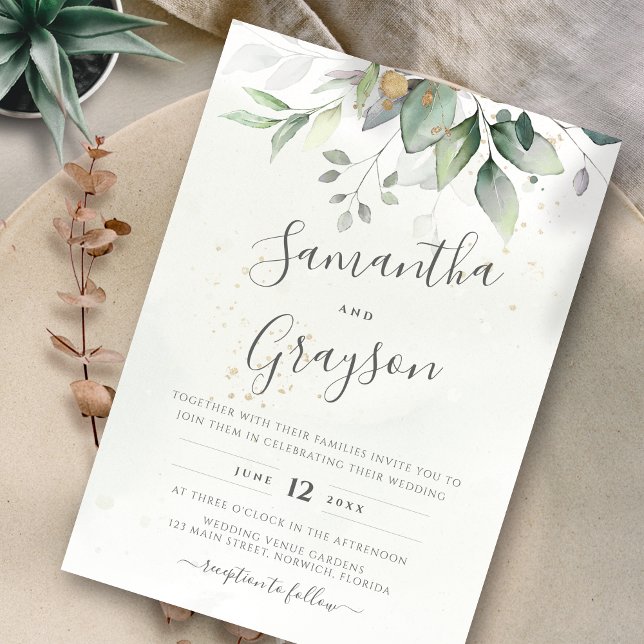 Eukalyptus Greenery Gold Blätter Elegante Hochzeit Einladung (Von Creator hochgeladen)