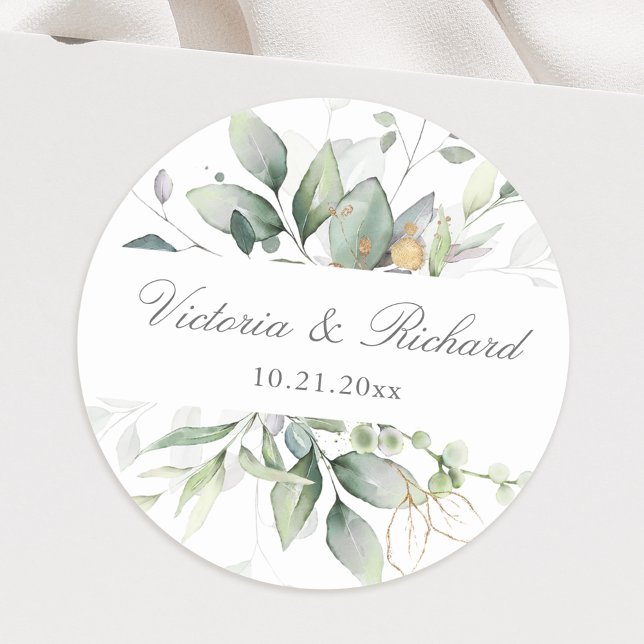Eukalyptus Greenery Gold Blätter Elegante Runder Aufkleber (Von Creator hochgeladen)