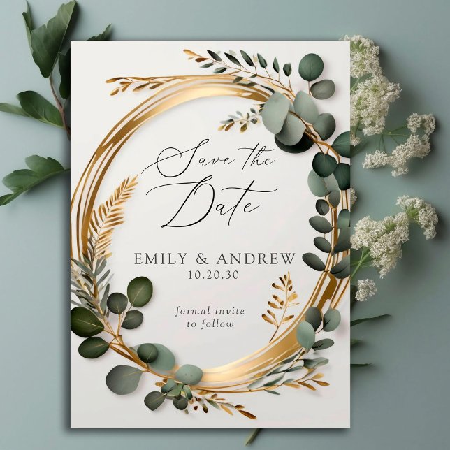 Eukalyptus Greenery Gold Blätter Script Wedding Save The Date (Von Creator hochgeladen)