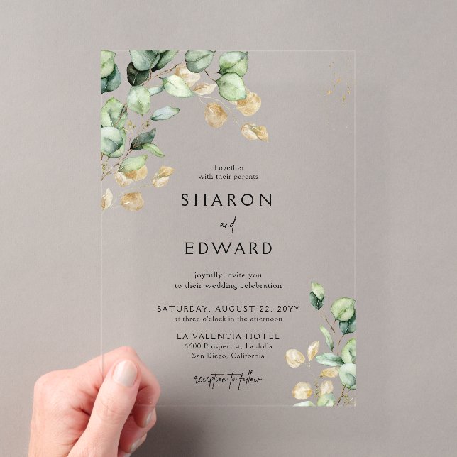 Eukalyptus Greenery & Gold Chic Wedding Acryleinladungen (Insitu (Handheld))