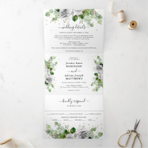 Eukalyptus Greenery & Gold Classic Wedding Tri-Fol Dreifach Gefaltete Einladung