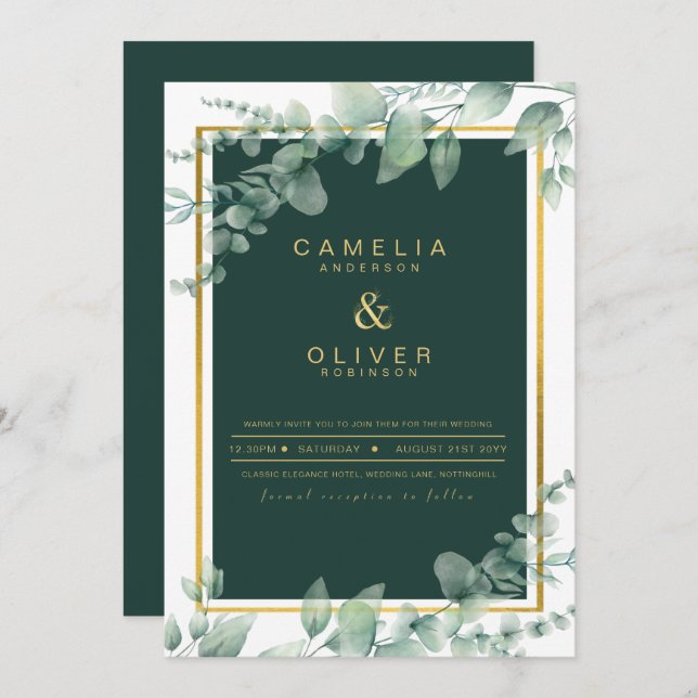 Eukalyptus Greenery Gold Emerald Wedding QR CODE Einladung (Vorne/Hinten)