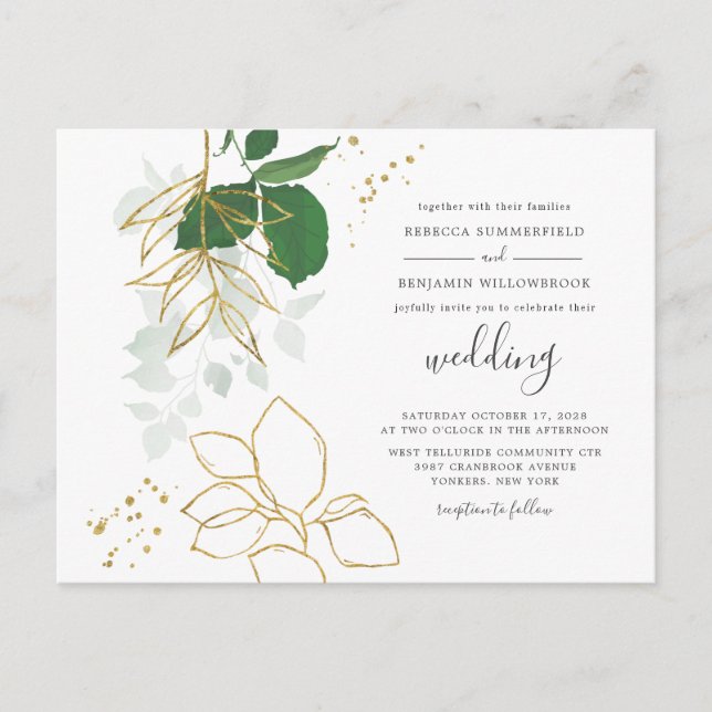 Eukalyptus Greenery Gold Foliage Geometric Wedding Einladungspostkarte (Vorderseite)