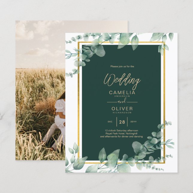 Eukalyptus Greenery Gold FOTO WEDDING INVITE (Vorne/Hinten)