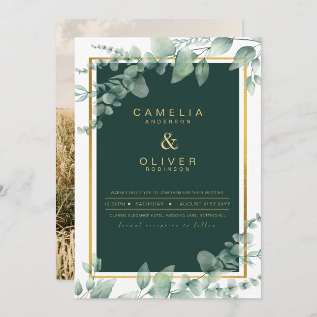 Eukalyptus Greenery Gold FOTO WEDDING INVITE Einladung (Vorne/Hinten)