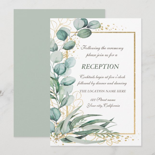 Eukalyptus Greenery Gold Frame Wedding Reception Einladung (Vorne/Hinten)