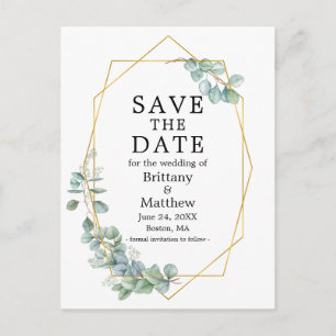 Eukalyptus Greenery Gold Geo Frame Save the Date Postkarte