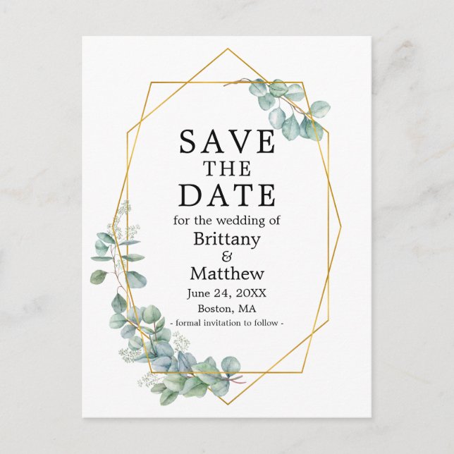 Eukalyptus Greenery Gold Geo Frame Save the Date Postkarte (Vorderseite)