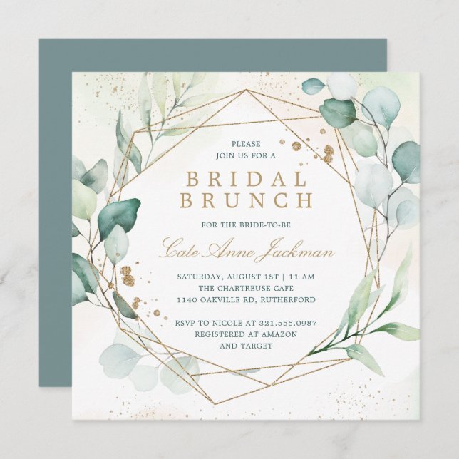 Eukalyptus Greenery Gold Geometric Bridal Brunch Einladung (Vorne/Hinten)